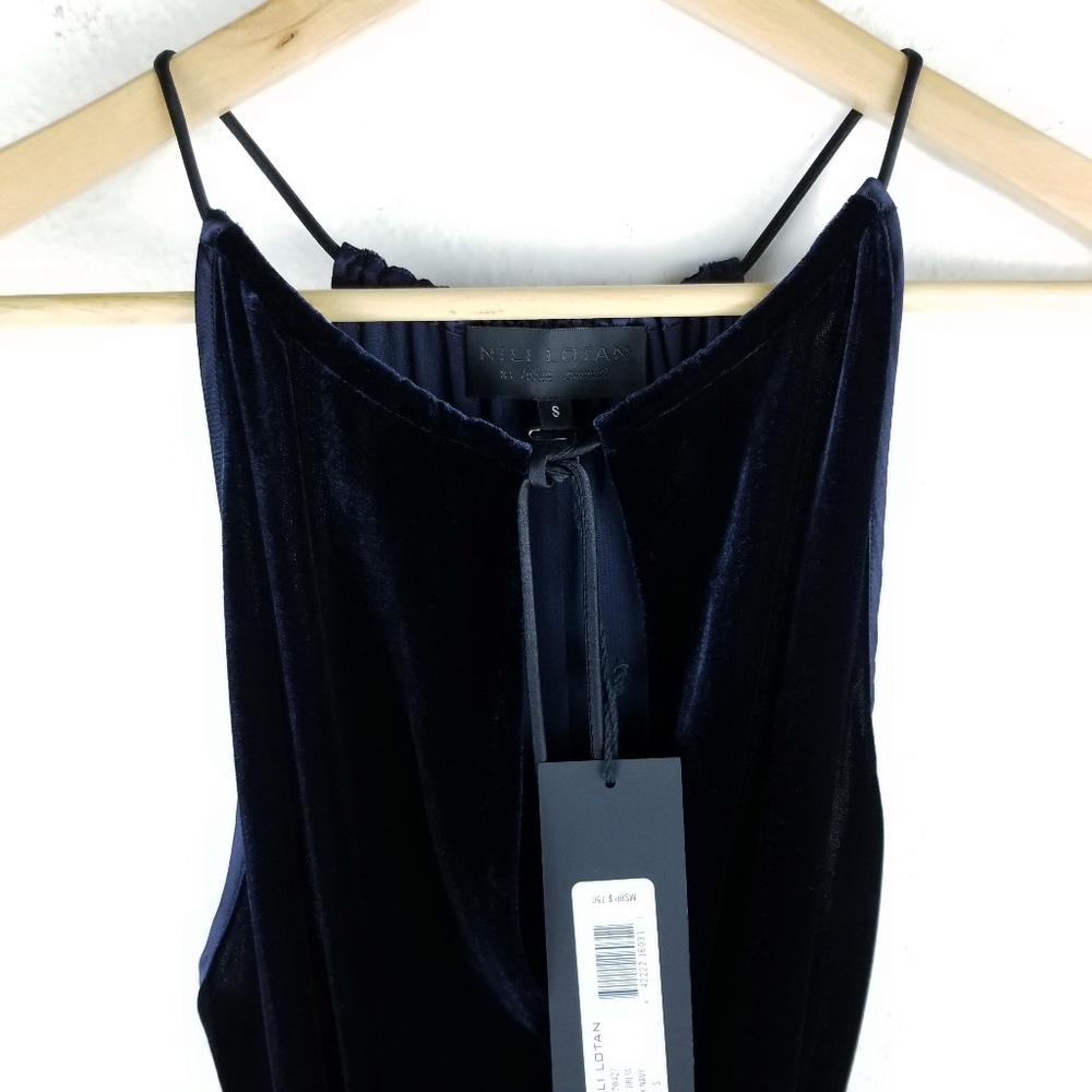 Nili Lotan Jamie Velvet Dress Tassels Navy Blue - Picture 4 of 7